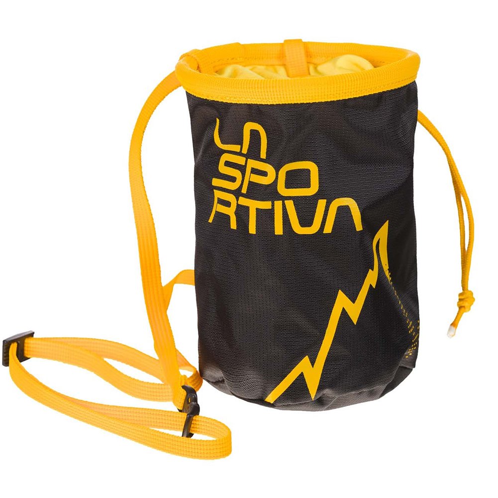 The La Sportiva LSP Chalk Bag features a black and yellow design with the brand logo and mountain graphic, plus a yellow strap, drawstring closure, and cord.