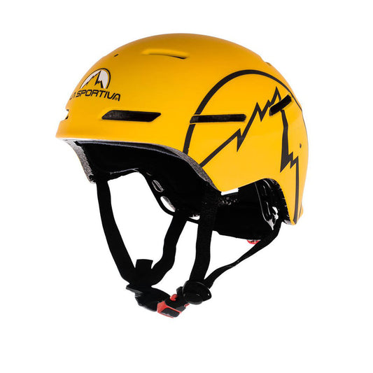The La Sportiva Combo Helmet is a bright yellow mountaineering helmet featuring black ventilation slits, black adjustable straps, and a bold black graphic design on the side, shown against a white background.