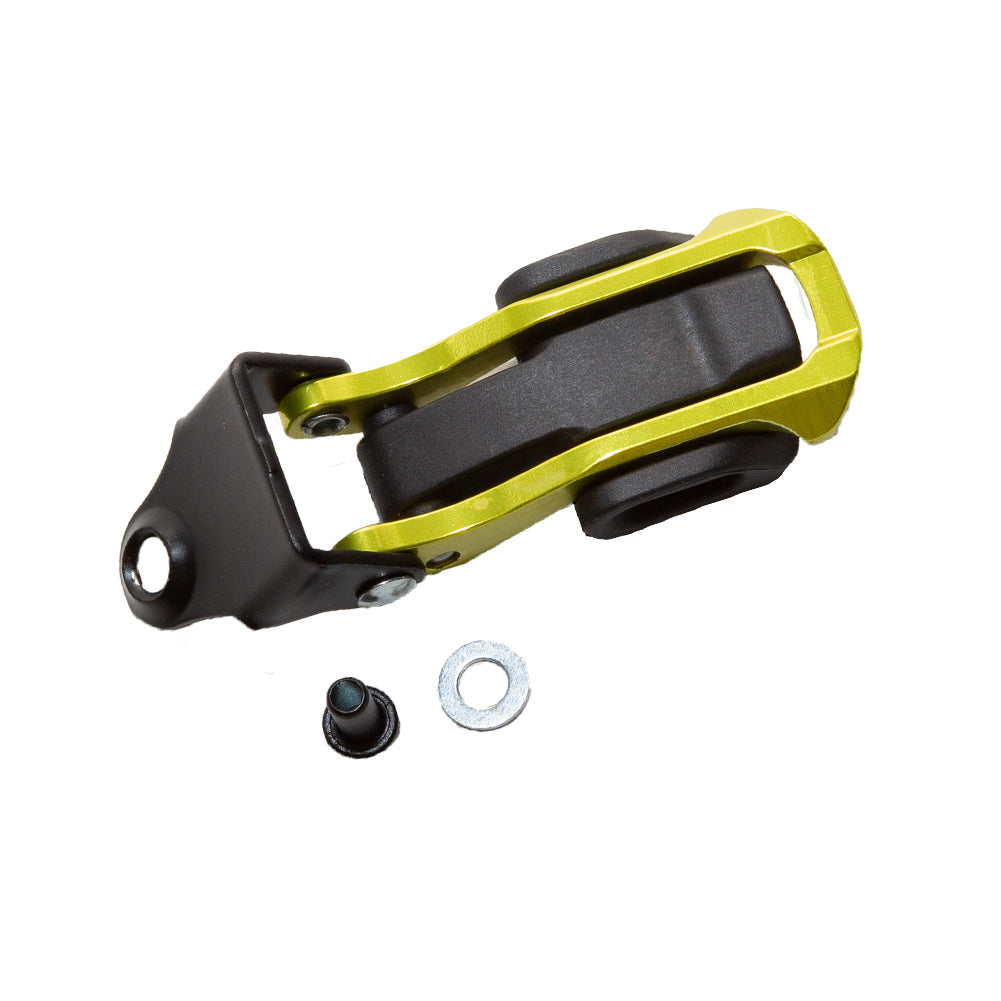 The La Sportiva Lower Buckle Closure System is a black and gold metal component with a rubber bushing, washer, and bolt, resembling an engine mount, shown on a white background.