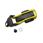 The La Sportiva Lower Buckle Closure System is a black and gold metal component with a rubber bushing, washer, and bolt, resembling an engine mount, shown on a white background.
