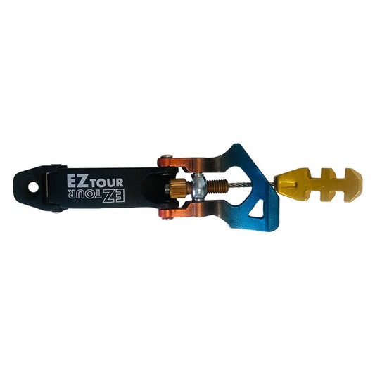Top-down view of La Sportiva Shell Buckle Synchro/Shadow N.1 (Pair), featuring black, blue, gold, and copper metal parts with a notched attachment—ideal as a replacement ski boot buckle for models like the La Sportiva Synchro.