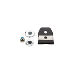 A La Sportiva Ratchet hardware set for ski boots, featuring a black and silver metal buckle receiver, a silver screw with a blue tip, and two round silver T-nuts, displayed on a white background.