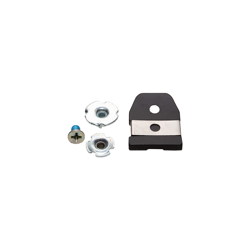 A La Sportiva Ratchet hardware set for ski boots, featuring a black and silver metal buckle receiver, a silver screw with a blue tip, and two round silver T-nuts, displayed on a white background.