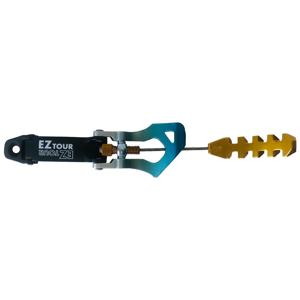 The La Sportiva Cuff Buckle Synchro/Shadow N.3 (Pair) features blue and black metal construction with silver components and a yellow, ribbed handle—ideal for adjusting or replacing ski boot buckles. Shown on a white background.