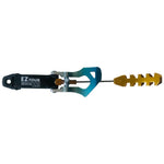 The La Sportiva Cuff Buckle Synchro/Shadow N.3 (Pair) features blue and black metal construction with silver components and a yellow, ribbed handle—ideal for adjusting or replacing ski boot buckles. Shown on a white background.