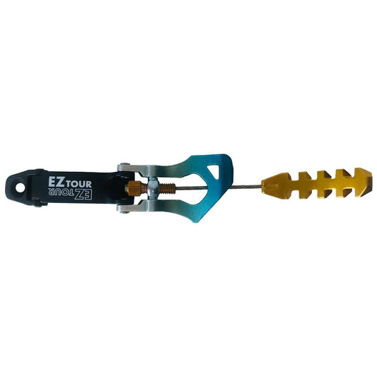 The La Sportiva Cuff Buckle Synchro/Shadow N.3 (Pair) features blue and black metal construction with silver components and a yellow, ribbed handle—ideal for adjusting or replacing ski boot buckles. Shown on a white background.
