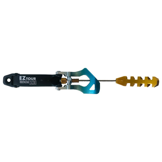 Top view of La Sportiva Cuff Buckle Synchro/Shadow N.4 (Pair) in black, blue, and yellow with a yellow handle—perfect replacement buckle for your La Sportiva Synchro or other compatible ski boot buckle systems.