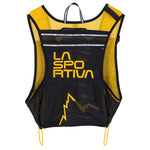 The La Sportiva Racer Vest is a black and yellow mesh running vest, ideal for skyraces, featuring multiple pockets, lightweight breathable fabric, bold La Sportiva branding, and a stylized mountain graphic on the front.