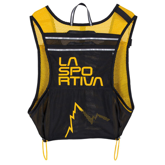 The La Sportiva Racer Vest is a black and yellow mesh running vest, ideal for skyraces, featuring multiple pockets, lightweight breathable fabric, bold La Sportiva branding, and a stylized mountain graphic on the front.