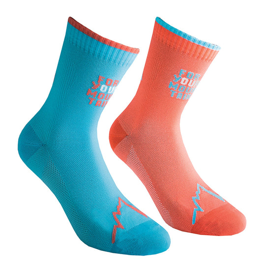La Sportiva For Your Mountain Socks come as a pair—one blue with red accents, one red with blue. Each features a mountain graphic near the toes and “FOR YOUR MOUNTAIN TRIP” on the cuff, all in an athletic fit for comfort.