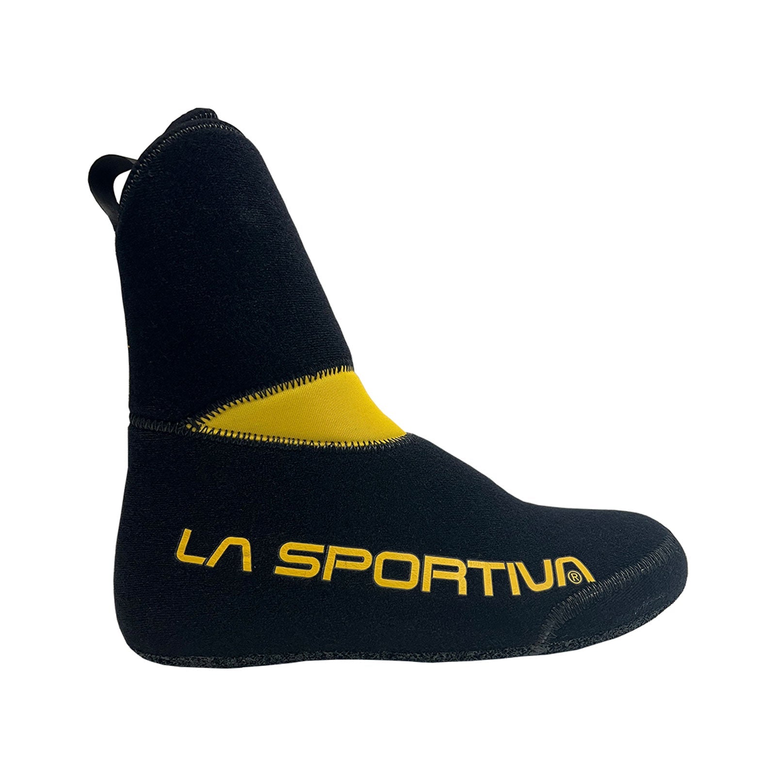 The G2 EVO Liner by La Sportiva is a black and yellow neoprene replacement liner with "LA SPORTIVA" in large yellow letters, designed for use inside the La Sportiva G2 EVO or other mountaineering boots.
