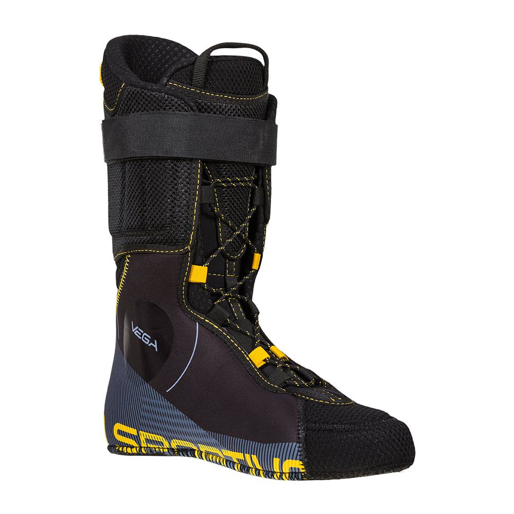 A black and yellow high-ankle ski boot liner with a Velcro strap, pull loop, and visible stitching. The Vega Liner by La Sportiva is designed for men's ski boots.