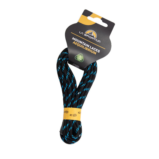 A package of La Sportiva Aequilibrium Laces, black with blue accents and secured by branded packaging—perfect durable replacements for your outdoor footwear.