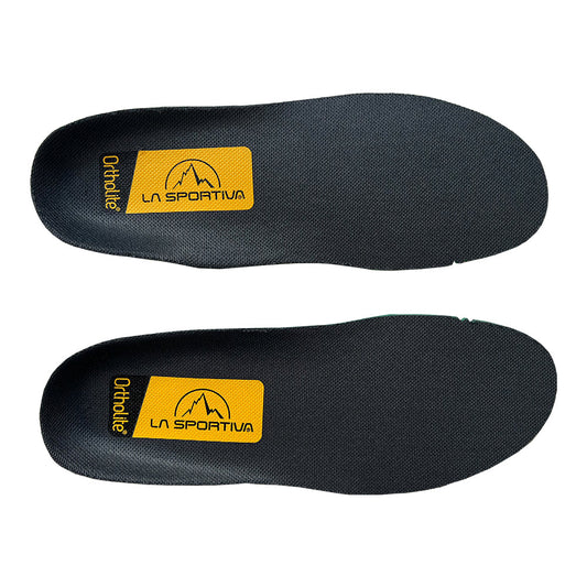 Two black La Sportiva Ortholite Hybrid Insoles with yellow logo labels are displayed side by side on a white background—perfect for upgrading your hiking footwear.