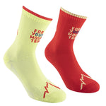 La Sportiva For Your Mountain Socks: two ankle-length pairs—one light yellow with red, one red with light yellow—featuring a mountain graphic and "FOR YOUR MOUNTAIN" near the toe. Designed for athletic fit and all-day comfort.