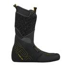 The La Sportiva Solar II Liner is a black and gray high-top boot liner with yellow accents, textured toe and heel, pull loops, and branding—perfect as a replacement liner for La Sportiva ski boots.
