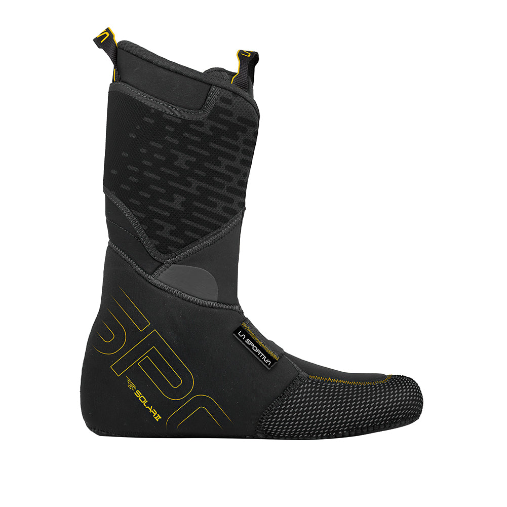 The La Sportiva Solar II Liner is a black and gray high-top boot liner with yellow accents, textured toe and heel, pull loops, and branding—perfect as a replacement liner for La Sportiva ski boots.