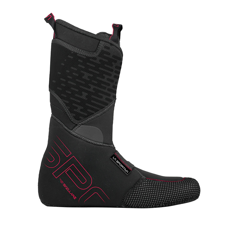 The La Sportiva Stellar II Liner is a black and dark gray insulated ski boot liner with textured patterns, red accents, and reinforced toe and heel areas, shown upright against a white background.