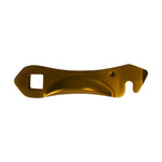 The La Sportiva Lever Arm Ski/Walk RPS3.0 multitool has a gold finish, square hole, curved grip, and a hooked edge with a circular hole—perfect for adjusting Skorpius CR ski/walk lever arms.