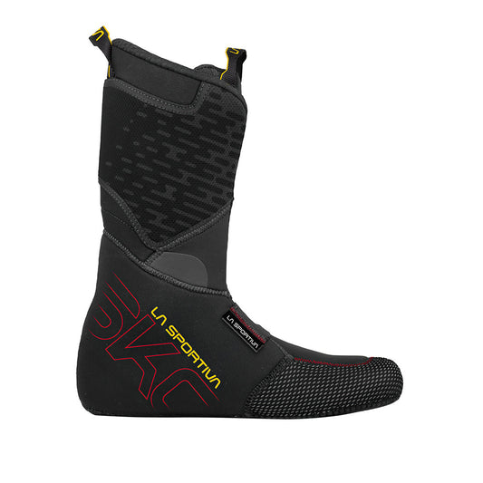 The La Sportiva Skorpius CR II Liner is a black and gray high-cut ski boot liner featuring yellow and red accents, textured toe and heel areas, plus La Sportiva branding on the side and ankle.