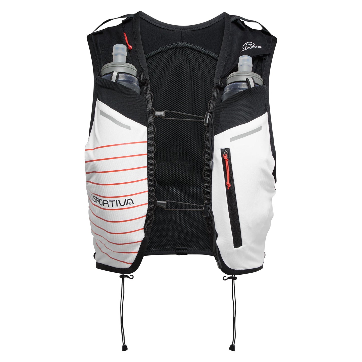The La Sportiva Trail Vest 5L is a lightweight white and black trail running vest featuring front pockets for soft flasks, a mesh back panel, adjustable bungee cords, a red zipper on the right pocket, and the La Sportiva logo with red diagonal stripes on the left.
