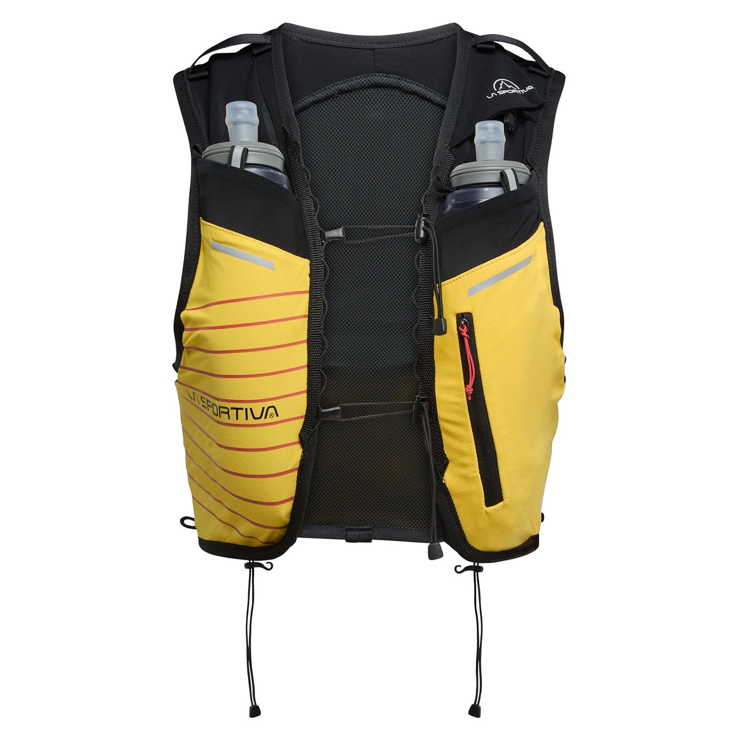 The La Sportiva Trail Vest 5L is a lightweight yellow and black trail running vest featuring two front soft flask pockets, a zippered pocket, mesh back, adjustable bottom cords, and the La Sportiva logo on the left pocket.