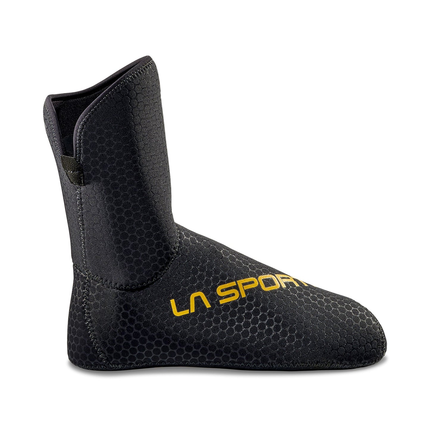 A single black La Sportiva G-Summit Liner neoprene bootie with a hexagonal texture and yellow "LA SPORTIVA" branding on the side, shown from the left; part of the G-Summit mountaineering boots collection.