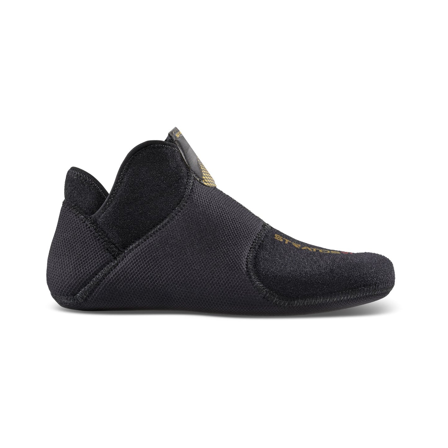 The Stratos VI Liner by La Sportiva is a black, soft-soled shoe with a flexible, low-profile design, slight heel, hook-and-loop closure, and textured fabric—crafted for comfort and movement like a lightweight race boot.