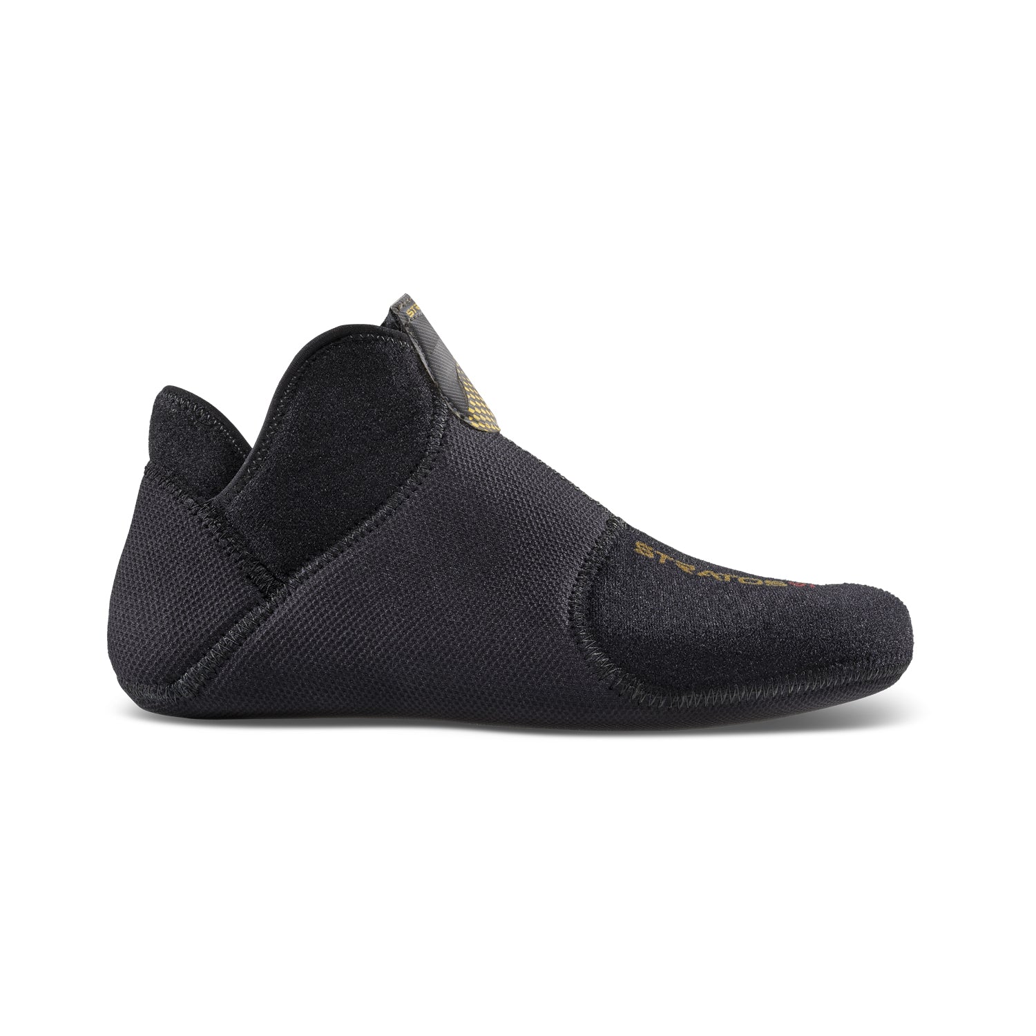 The Stratos VI Liner by La Sportiva is a black, soft-soled shoe with a flexible, low-profile design, slight heel, hook-and-loop closure, and textured fabric—crafted for comfort and movement like a lightweight race boot.