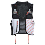 The La Sportiva Ultra Trail Vest 10L is a black, white, and red hydration vest with mesh panels, adjustable straps and closure, front pockets for two water bottles, zippered and open compartments, and brand logo on the right pocket.