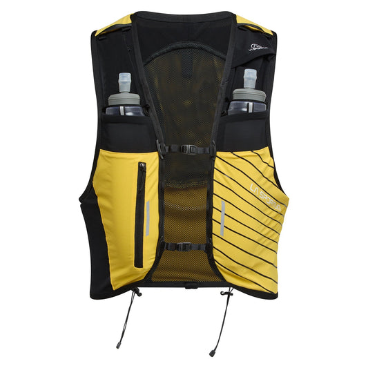 The La Sportiva Ultra Trail Vest 10L is a yellow and black hydration vest with two front bottles, zippered left pocket, mesh compartments, adjustable closure, and La Sportiva branding on the right pocket.