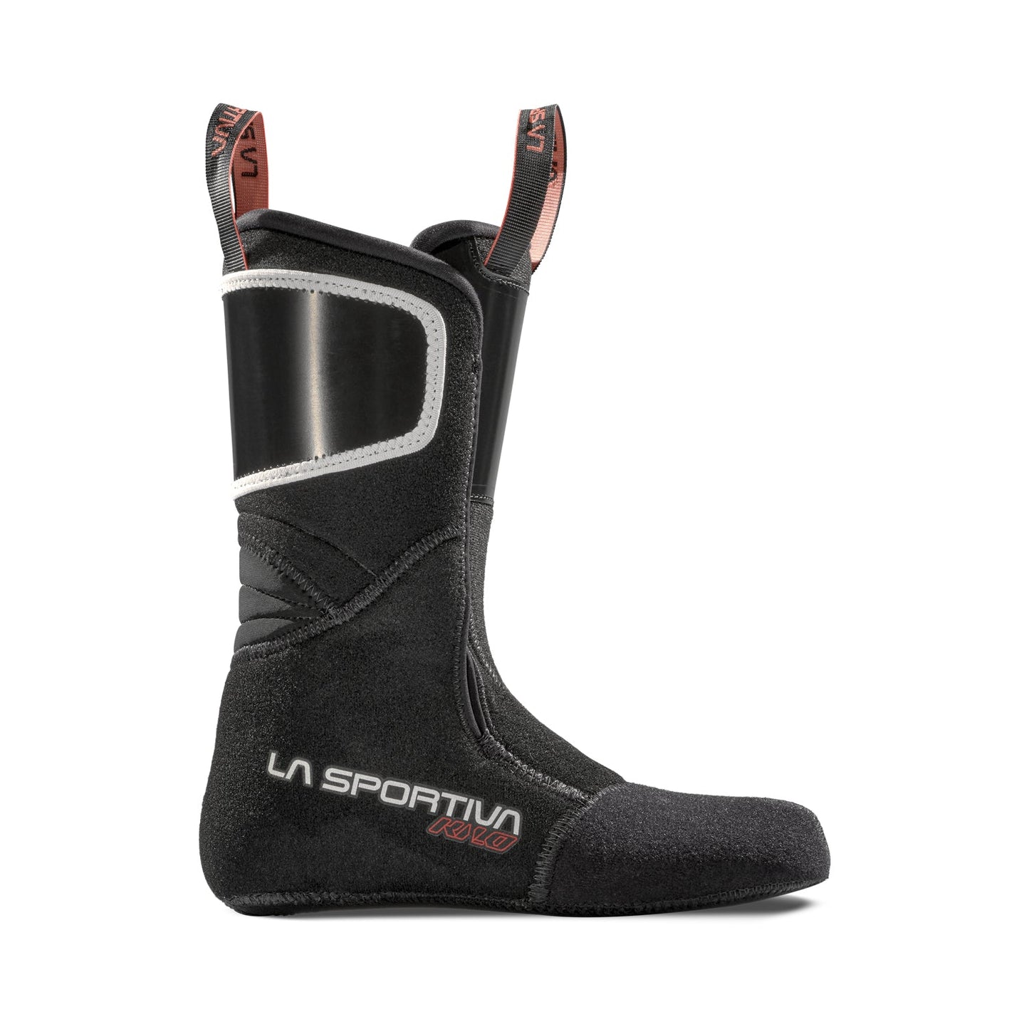 The La Sportiva Kilo Liner Women's is a black ski boot liner featuring reinforced ankle and heel, Velcro closure, top pull loops, and thermo-moldable Ultralon material. The La Sportiva name and logo appear on the side.