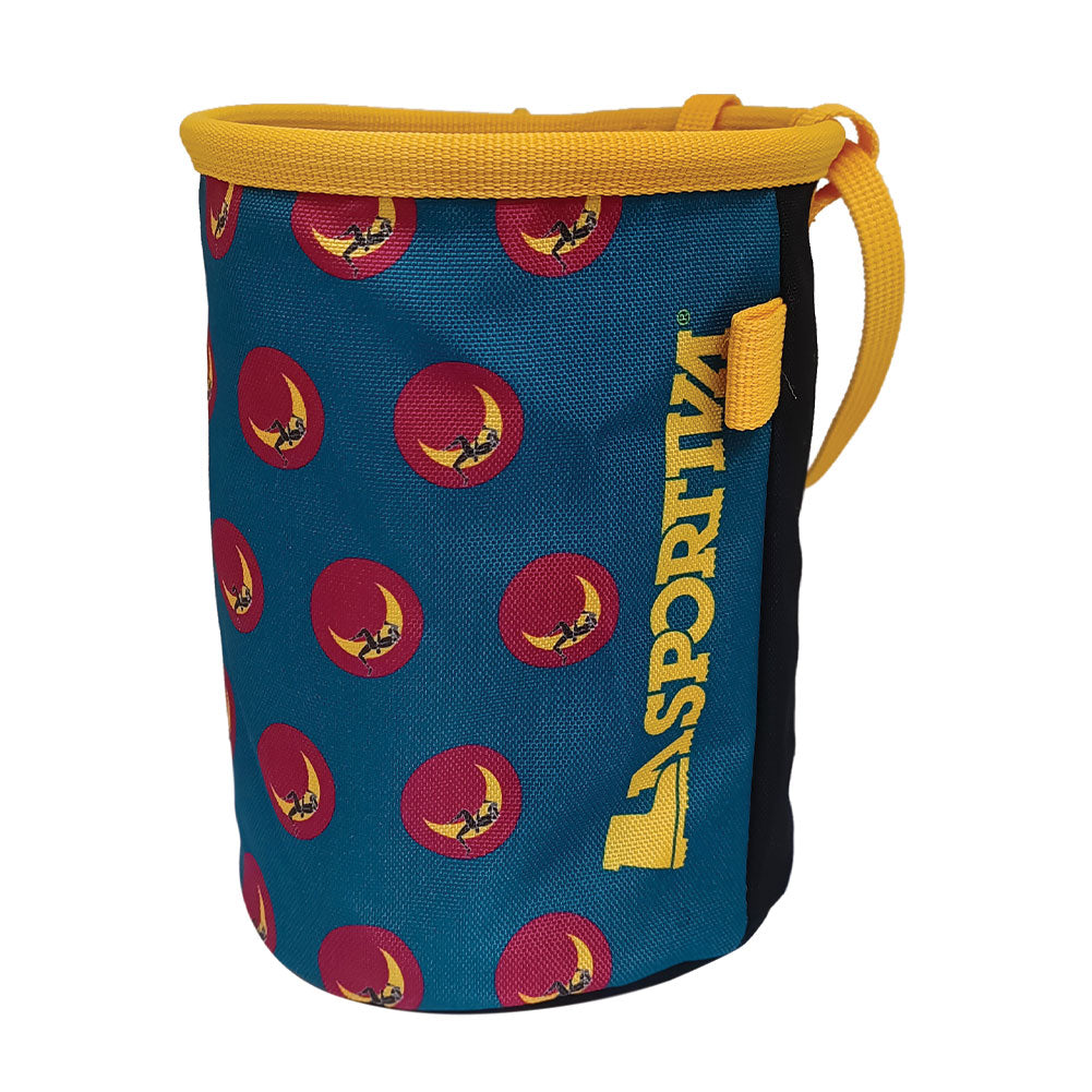 The La Sportiva Climbing On The Moon Chalk Bag is blue with yellow trim, featuring a red circle with a yellow crescent and cat pattern. The La Sportiva logo appears vertically in yellow on the side.