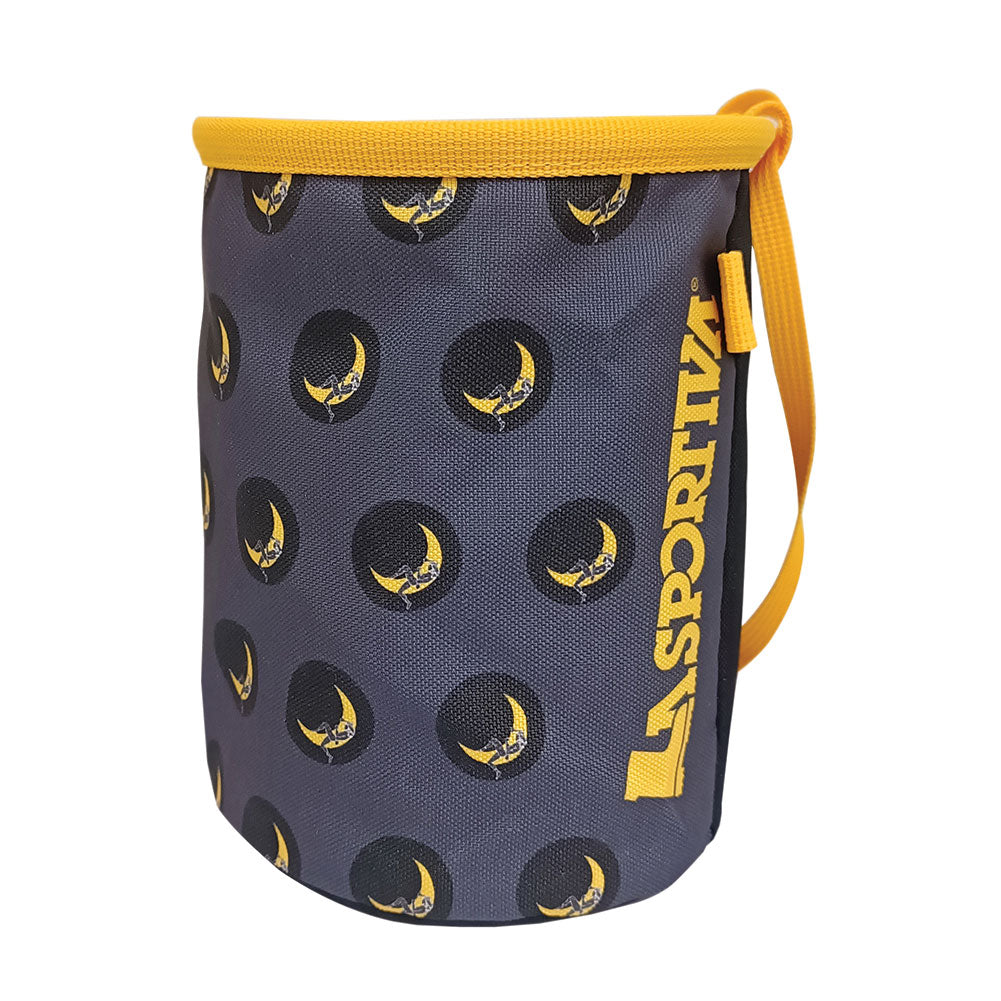 The La Sportiva Climbing On The Moon Chalk Bag features a dark blue cylinder shape, yellow trim and handle, a repeating climbing logo pattern, and the vertical yellow LA SPORTIVA name—pairs perfectly with the Climbing on the Moon T-Shirt.