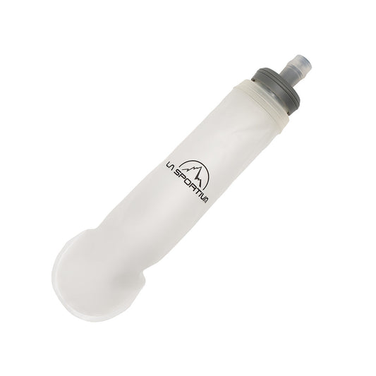 The La Sportiva Softflask 500 is a translucent, flexible water bottle with a grey screw cap and pull-out nozzle, featuring the black La Sportiva logo—ideal for your hydration vest.