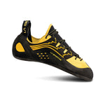The La Sportiva Katana Lace (2021) climbing shoe features a black and yellow lace-up design, zigzag patterns, and the logo on the side. Known for precision edging, it's shown against a white background.