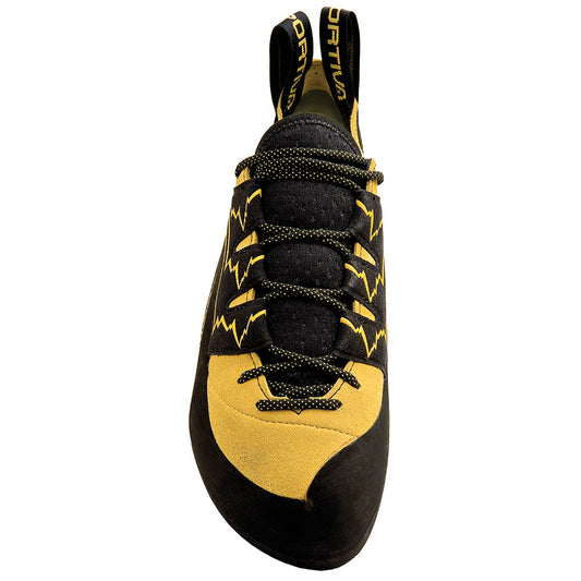 A top-down view of the La Sportiva Katana Lace (2021) climbing shoe in black and yellow, featuring zig-zag laces and La Sportiva branding on the tongue, designed for precise edging against a white background.