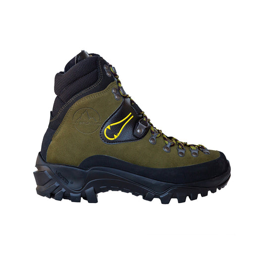 The La Sportiva Karakorum is a rugged, olive green and black mountaineering boot featuring a high ankle, thick treaded sole, yellow lace accents, and metal eyelets for durable support—ideal for tough trails. Displayed on a white background.