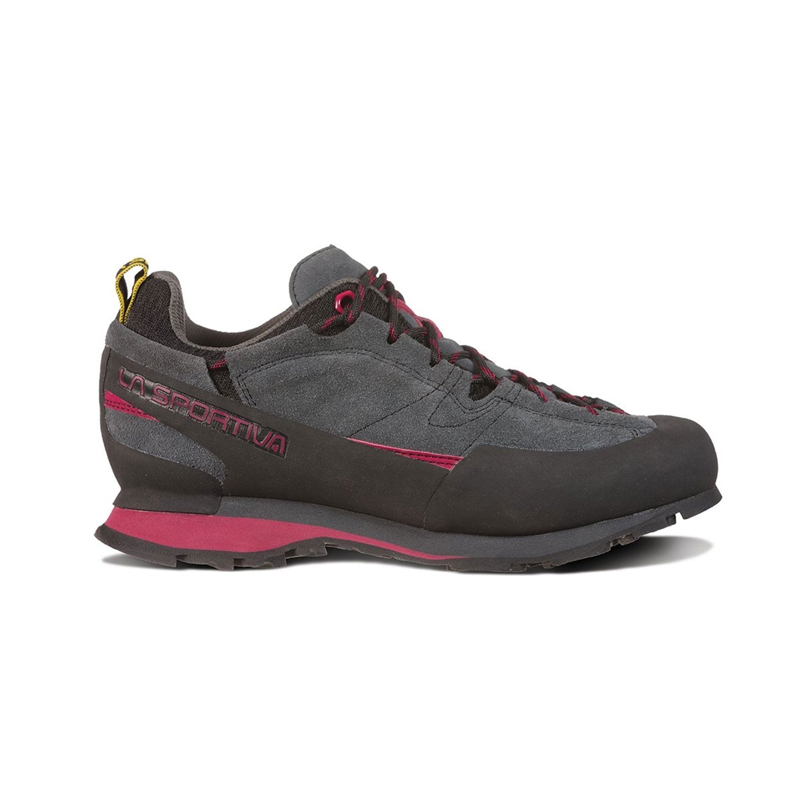The La Sportiva Boulder X Women's approach shoe features a rugged Vibram sole, durable suede upper, and signature branding—ideal for hiking or tough approach trails.