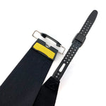 A close-up of the La Sportiva Skins - Capo LS Tour 189 ski climbing skin, featuring a yellow and black attachment clip, an adjustable perforated rubber strap, and durable mohair nylon for reliable grip.
