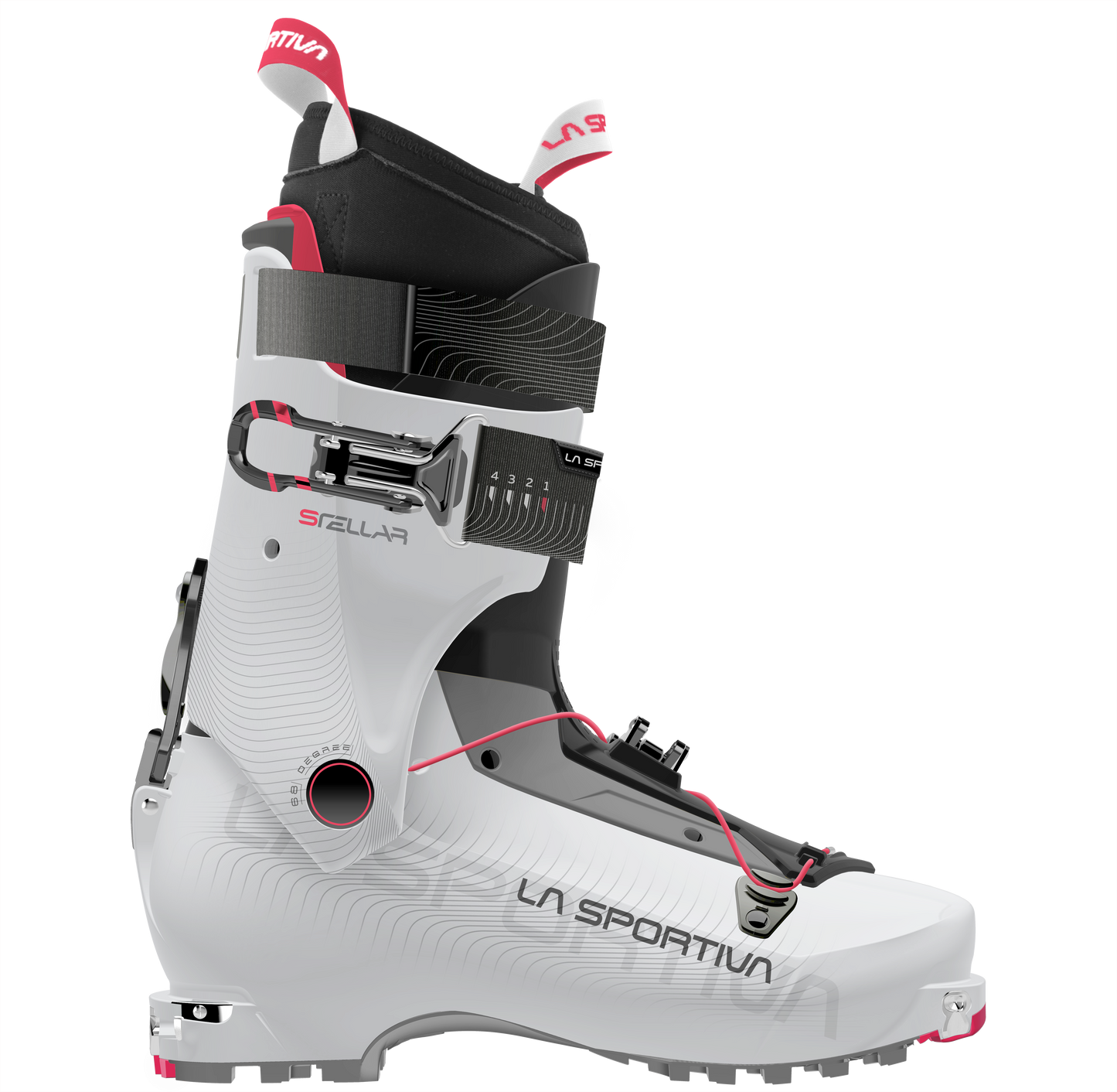 The La Sportiva Stellar is a white lightweight ski boot with black and red accents, strap, buckle, and cables for secure fit—ideal for backcountry touring—displayed in a side profile on a plain background.