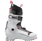 The La Sportiva Stellar is a white lightweight ski boot with black and red accents, strap, buckle, and cables for secure fit—ideal for backcountry touring—displayed in a side profile on a plain background.