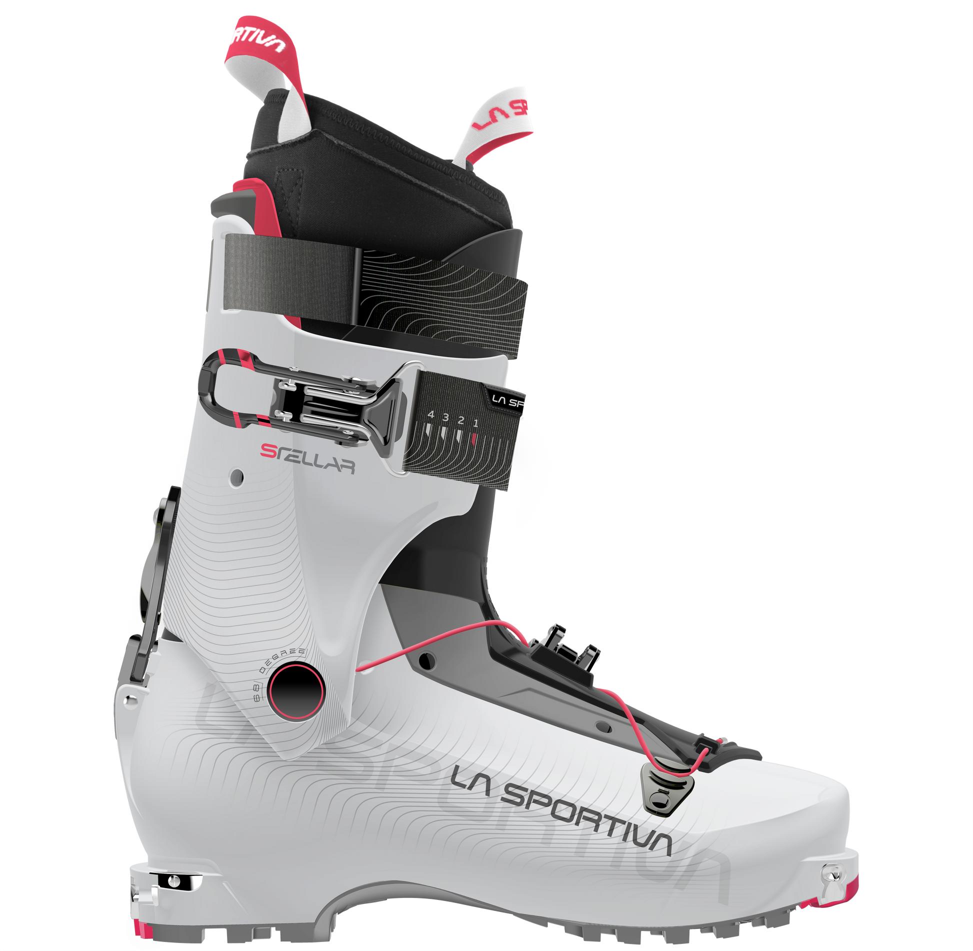 The La Sportiva Stellar is a white lightweight ski boot with black and red accents, strap, buckle, and cables for secure fit—ideal for backcountry touring—displayed in a side profile on a plain background.