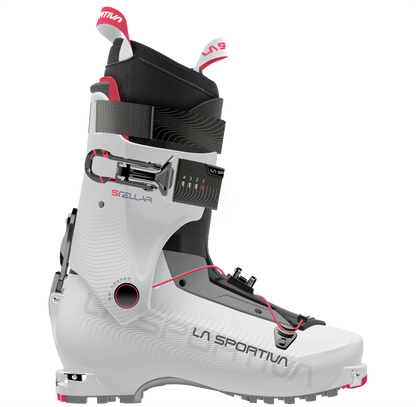 The La Sportiva Stellar is a white lightweight ski boot with black and red accents, strap, buckle, and cables for secure fit—ideal for backcountry touring—displayed in a side profile on a plain background.