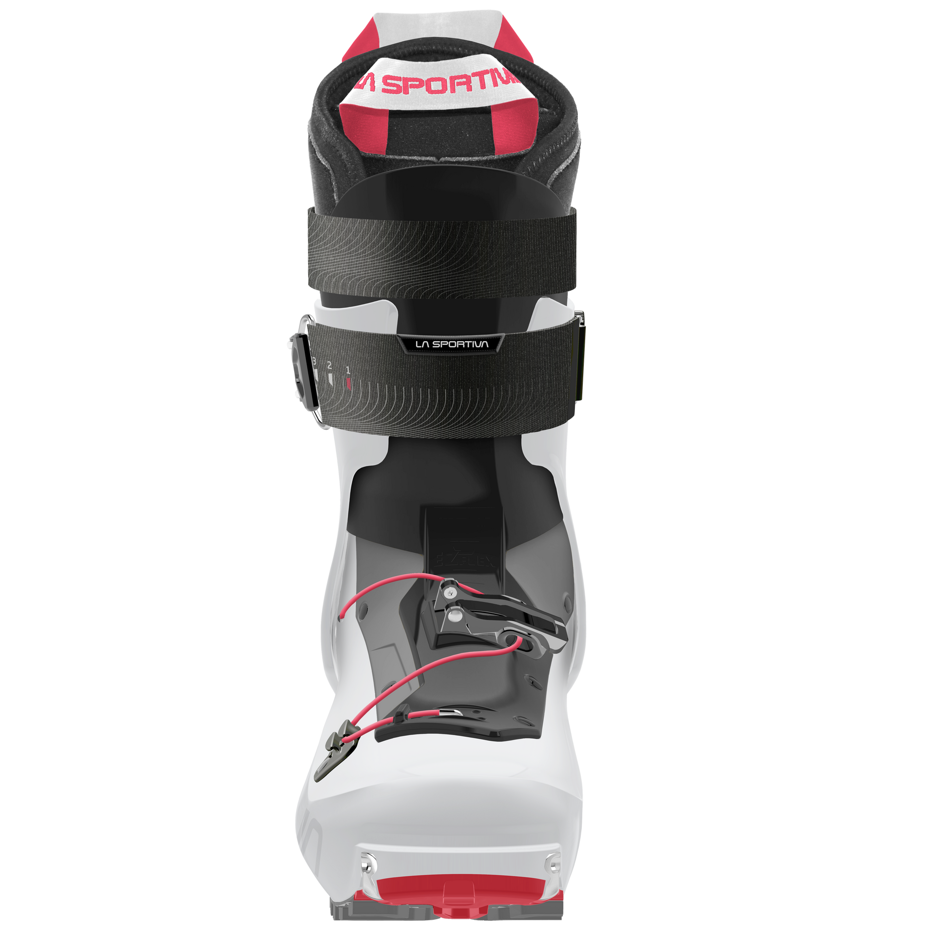 The La Sportiva Stellar is a white lightweight ski boot with black and red accents, a black strap, and metal buckles, shown front-facing on a white background—perfect for skimo racing or backcountry touring.