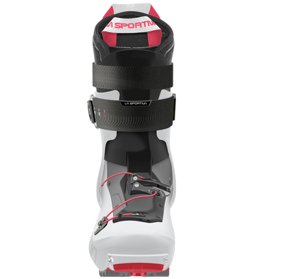 The La Sportiva Stellar is a white lightweight ski boot with black and red accents, a black strap, and metal buckles, shown front-facing on a white background—perfect for skimo racing or backcountry touring.