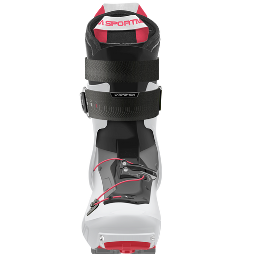 The La Sportiva Stellar is a white lightweight ski boot with black and red accents, a black strap, and metal buckles, shown front-facing on a white background—perfect for skimo racing or backcountry touring.