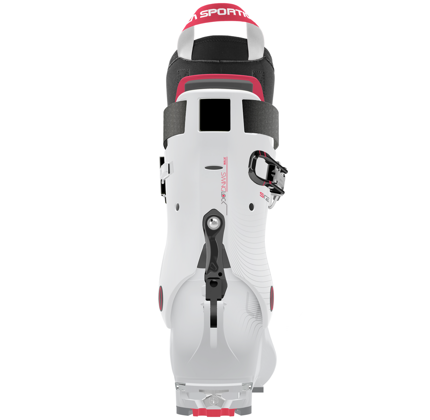 The Stellar ski boot by La Sportiva is a lightweight white boot with black and red accents, viewed from the back, showcasing a black buckle, walk mechanism lever, and La Sportiva branding—ideal for backcountry touring.