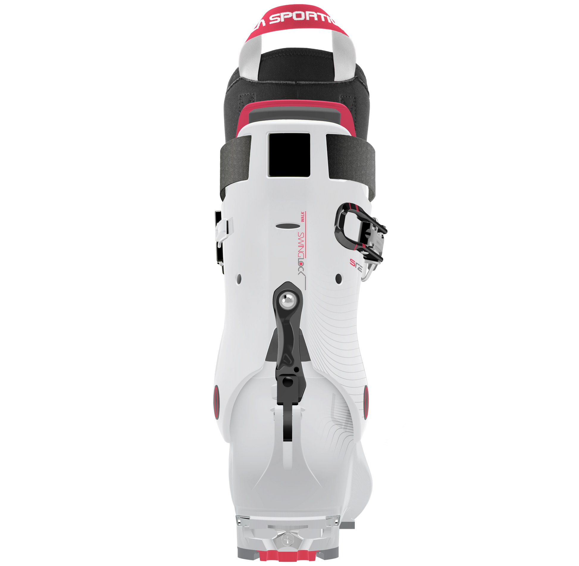 The Stellar ski boot by La Sportiva is a lightweight white boot with black and red accents, viewed from the back, showcasing a black buckle, walk mechanism lever, and La Sportiva branding—ideal for backcountry touring.