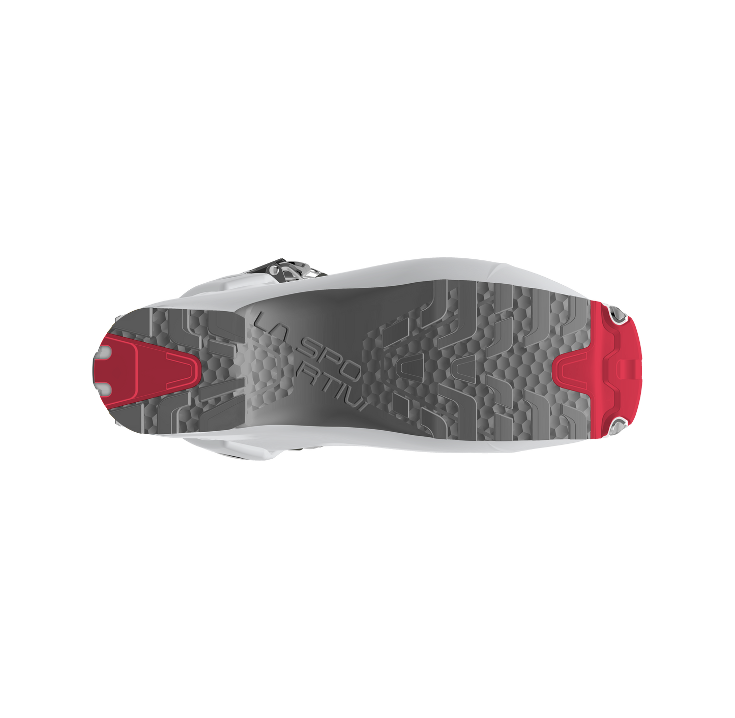 Top-down view of the La Sportiva Stellar ski boot sole in gray and red with hexagonal tread, red toe and heel sections, and embossed La Sportiva branding—ideal for backcountry touring or skimo racing.